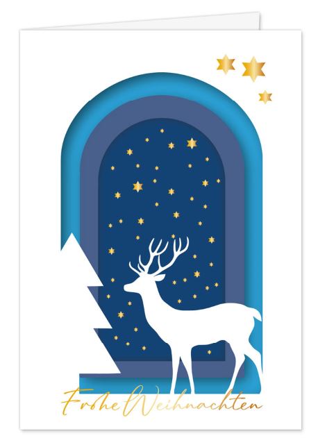 Weihnachtskarte mit Hirsch-Silhouette, blauem Sternenhimmel und "Frohe Weihnachten" in edler Goldprägung