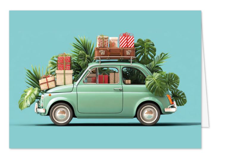 Originelle Retro-Weihnachtskarte mit minzgrünem Oldtimer, Geschenken & Palmenblättern, ohne Gruß