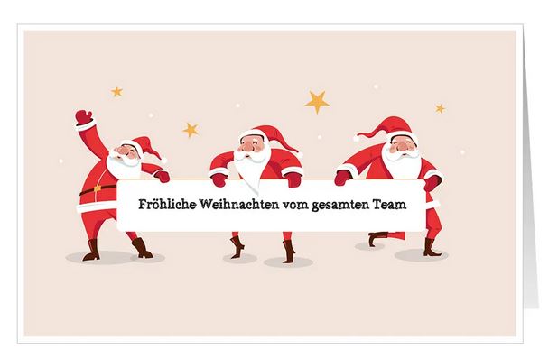 Fröhliche Firmenweihnachtskarte "Frohe Wünsche" mit Weihnachtsmänner, Banner und Grüßen vom Team