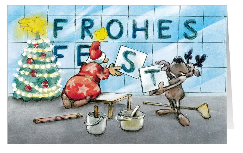Branchen-Weihnachtskarte "Glänzende Feiertage" für Fliesenleger mit Weihnachtsmann und Rentier beim Wandfliesen