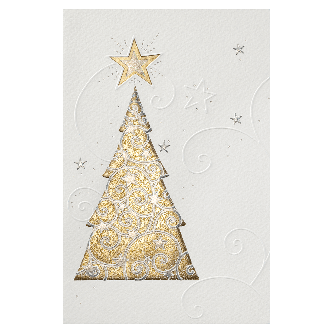 Weihnachtskarte mit Weihnachtsbaum und Stern in gold und Reliefprägung – Weihnachten – Weihnachtskarten – nach Farben sortiert – weiße Weihnachtskarten