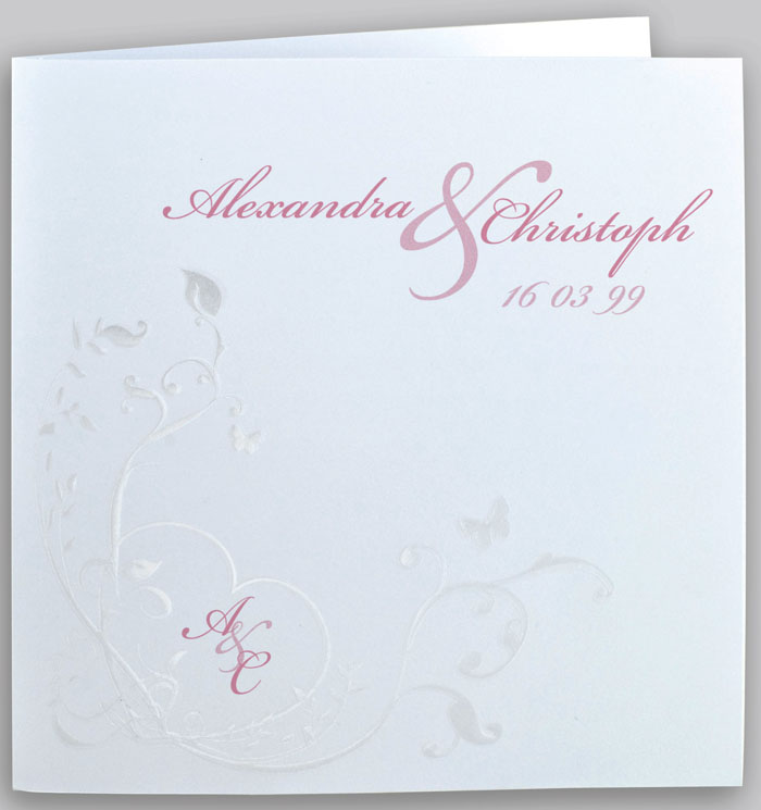 Einladungskarte weiß mit perlmuttfarbenem Folienrelief Ornament