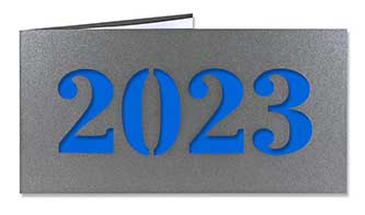Anthrazitgraue Weihnachtskarte mit blauem Einlegeblatt für den Jahreswechsel 2022 auf 2023