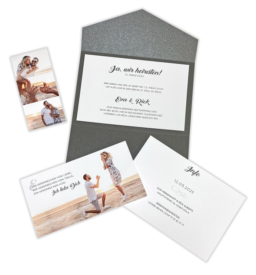 Anthrazitfarbene Pocketfold-Einladung zur Hochzeit mit eigenen Bildern