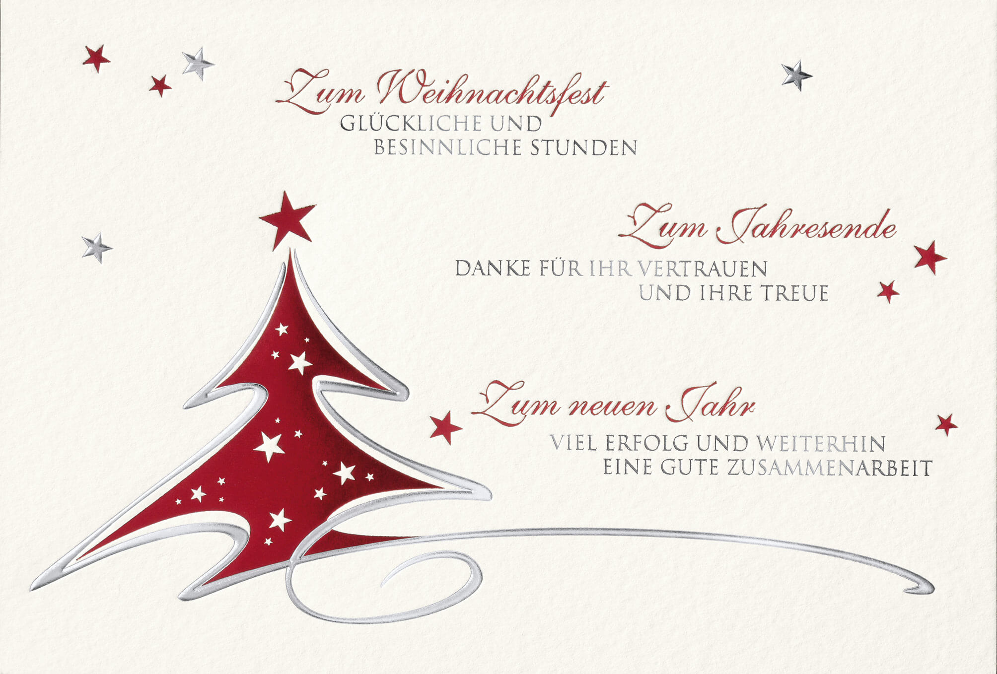 Firmenweihnachtskarte in weiß mit Tannenbaum und geschäftlichen Grüßen