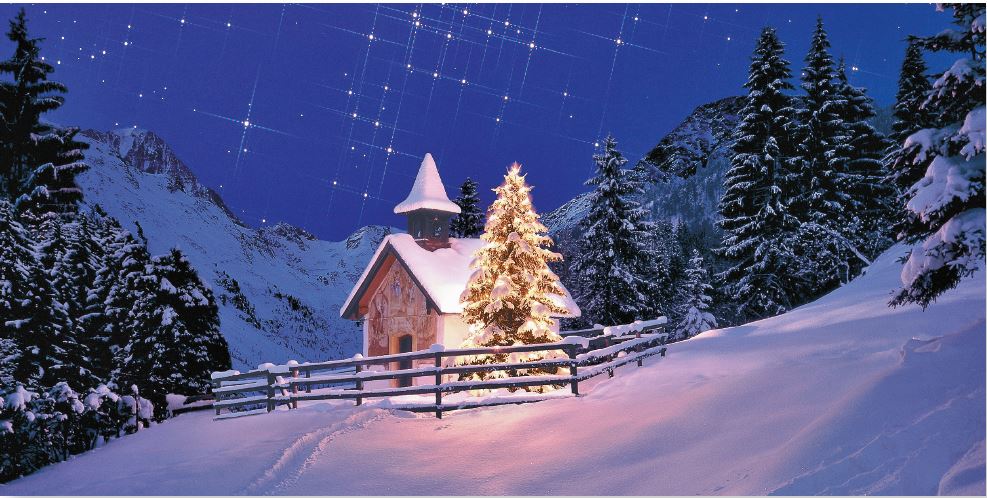 Romantische Weihnachtskarte Bergkapelle und leuchtender ...