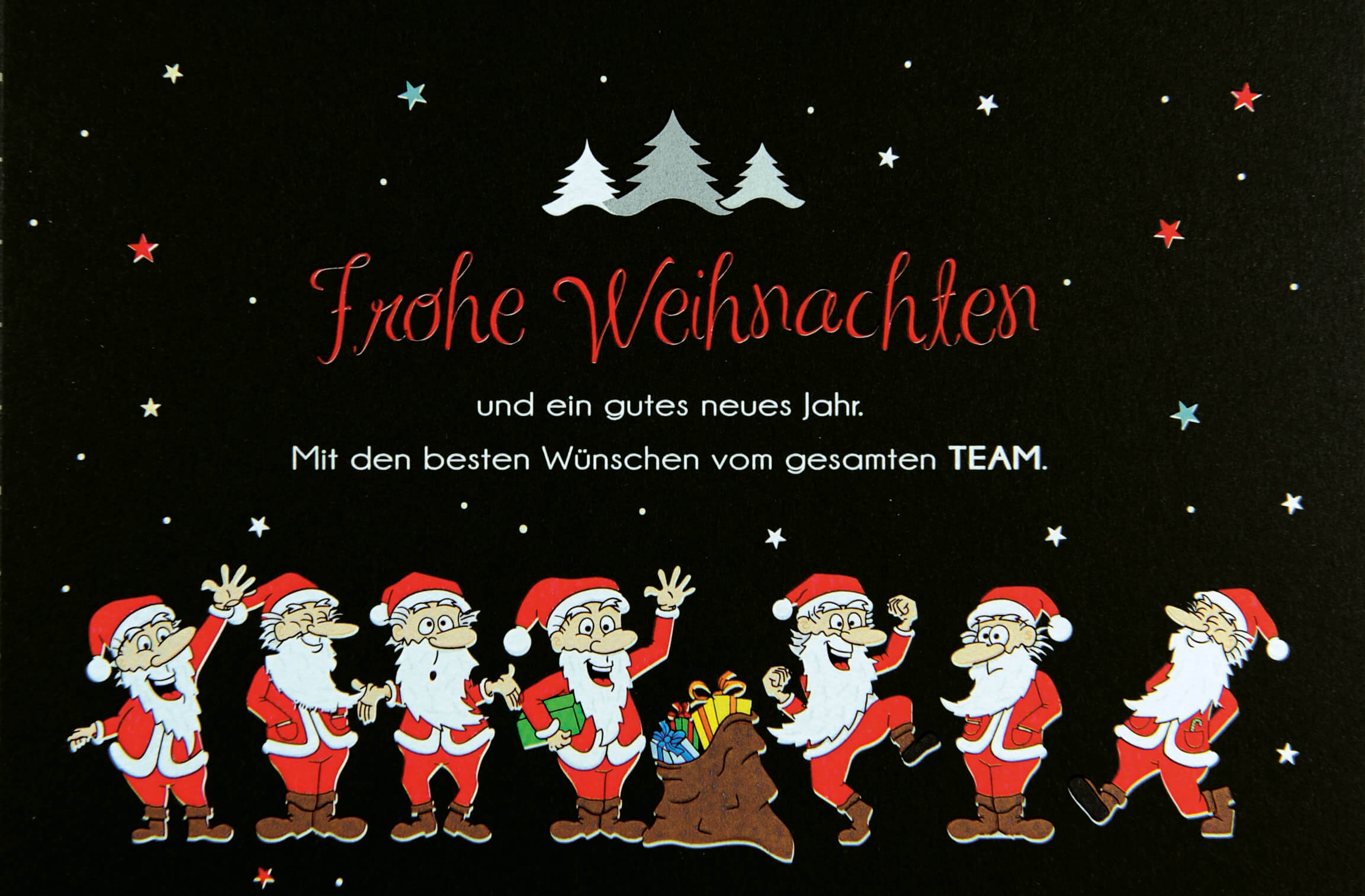 Lustige Teamweihnachtskarte schwarz mit Weihnachtsmännern und Einleger