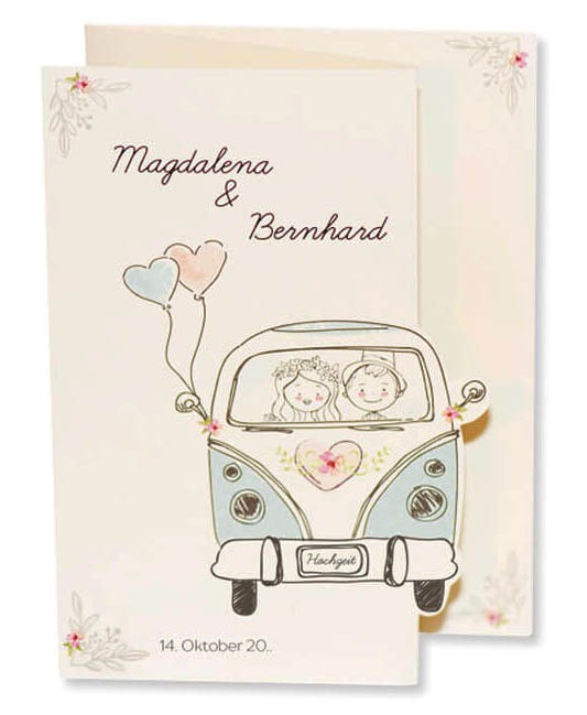 Lustige Hochzeitseinladung mit VW-Bus und verliebtem Brautpaar als  Faltkarte – Hochzeitskarten – Hochzeitseinladungskarten – Einladungskarten  mit Herzen –